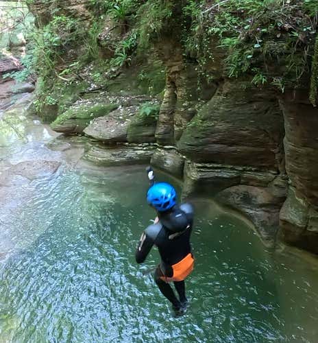 Canyoning sport in Val Maggiore in the Belluno Pre-Alps